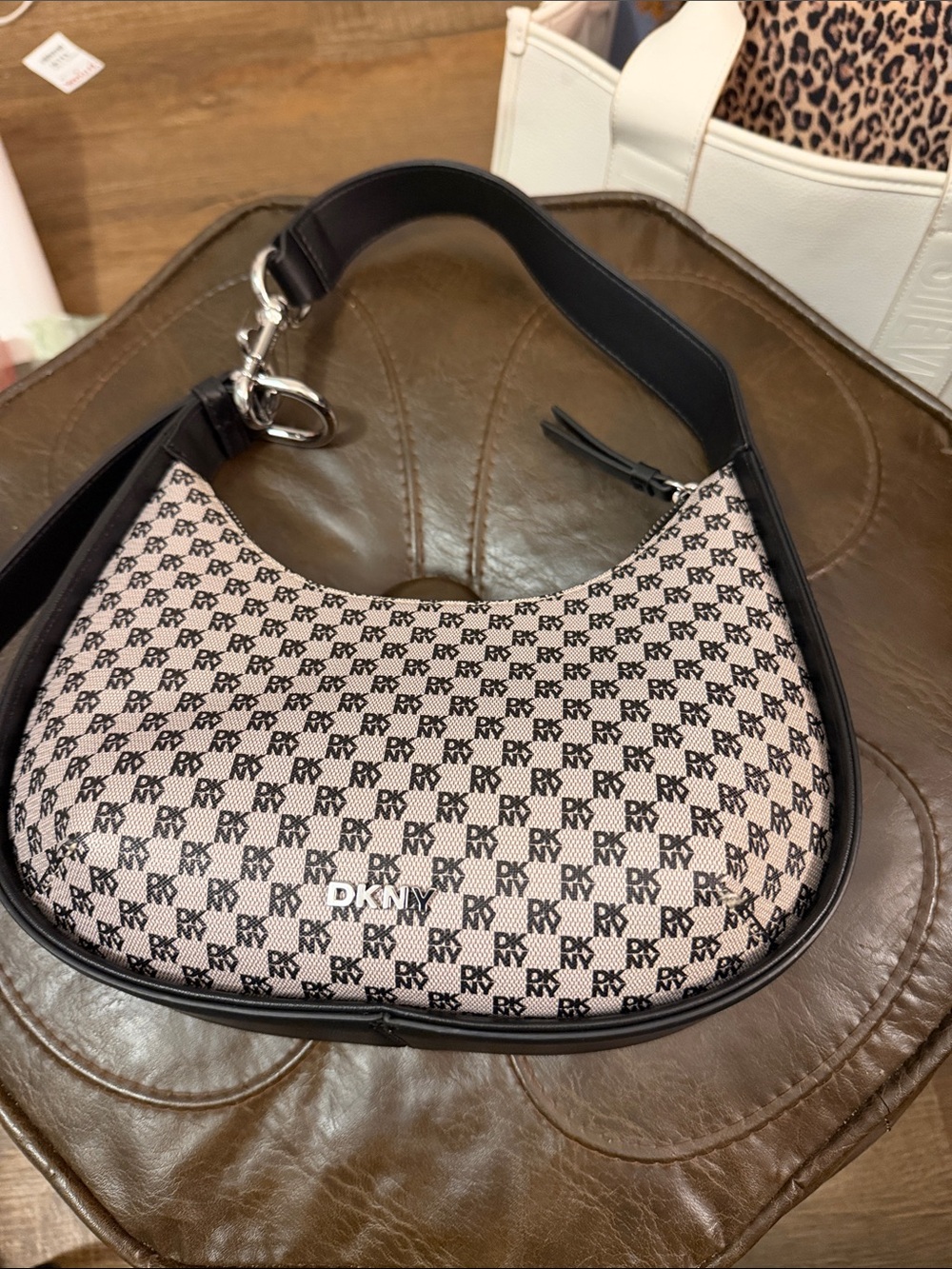 DKNY Pink Monogram Shoulder Bag with Black Trim